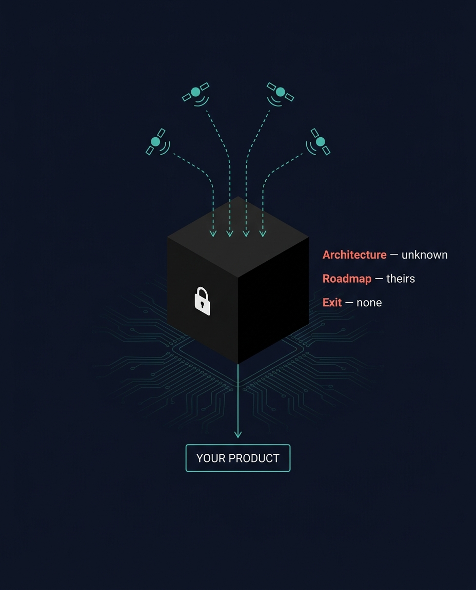 A sealed black box: GNSS satellite signals go in, your product depends on what comes out — architecture unknown, roadmap theirs, exit none.